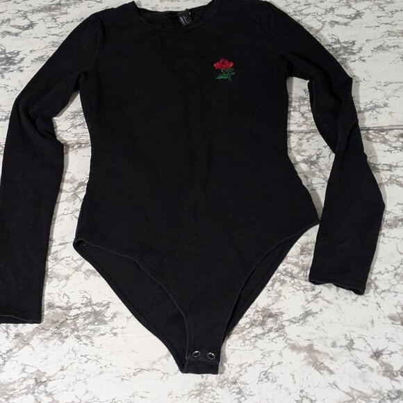 Forever 21 Black with Single Rose Long-Sleeve Leotard - Picture 2 of 3